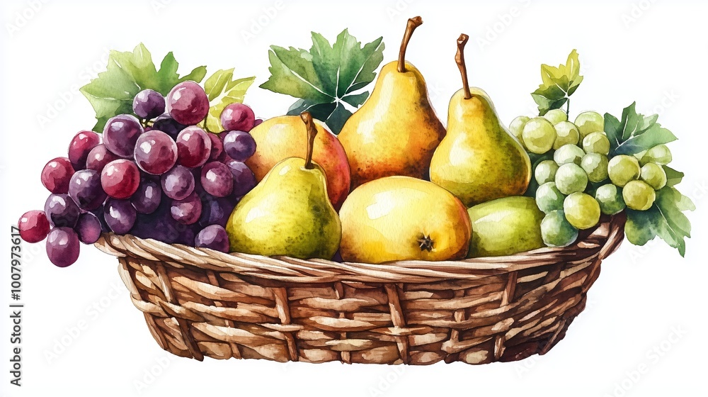 A colorful basket filled with fresh fruits including grapes and pears displayed on a white background A colorful basket filled with fresh fruits including grapes and pears displayed on a white background