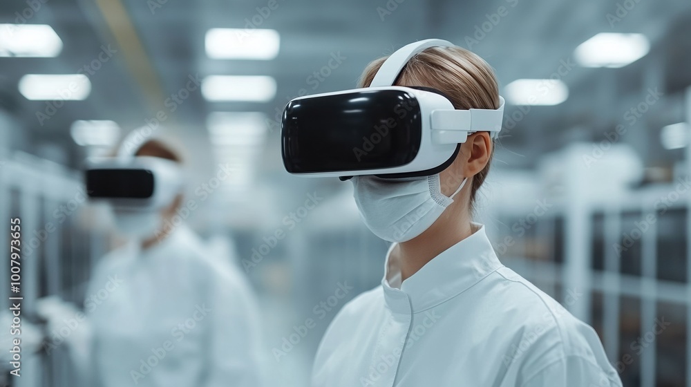 Individuals wearing VR headsets in a modern, sterile environment. Individuals wearing VR headsets in a modern, sterile environment.