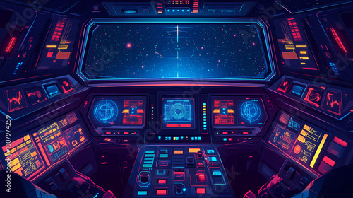 Fototapeta Naklejka Na Ścianę i Meble -  Futuristic spaceship cockpit interior. future spacecraft control panels technology, space travel concept. generative ai. Spaceship Interior. Illustration