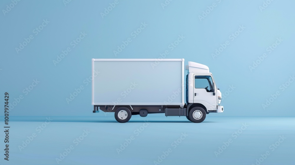 Side view of white toy delivery truck on blue background illustrating shipping and transportation concept Side view of white toy delivery truck on blue background illustrating shipping and transportation concept