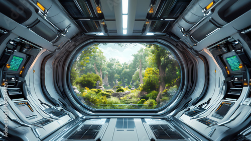 Fototapeta Naklejka Na Ścianę i Meble -  Futuristic spaceship interior featuring a garden landscape outside. generative ai. Spaceship Interior. Illustration