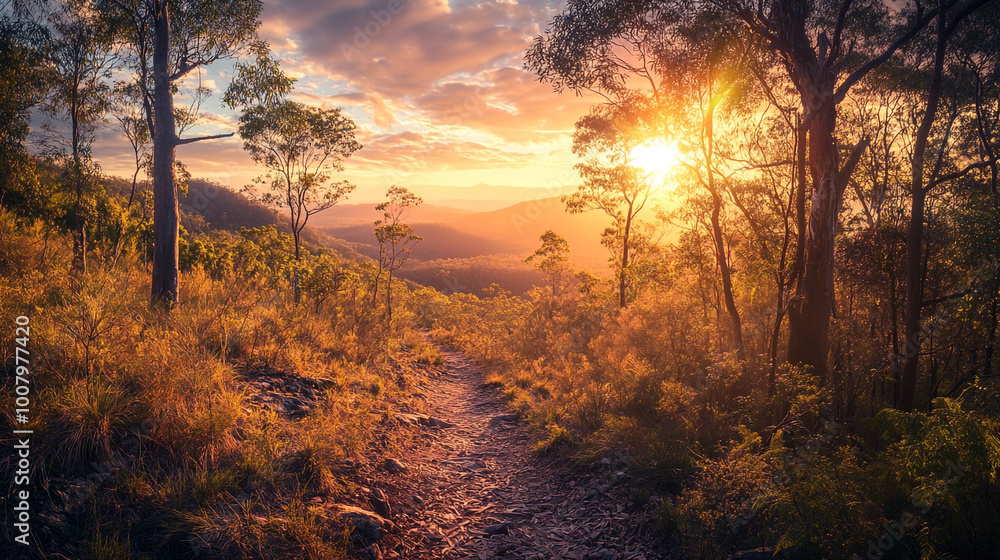 Beautiful sunset along a hiking trail in the hills on National Hiking Day celebration Beautiful sunset along a hiking trail in the hills on National Hiking Day celebration