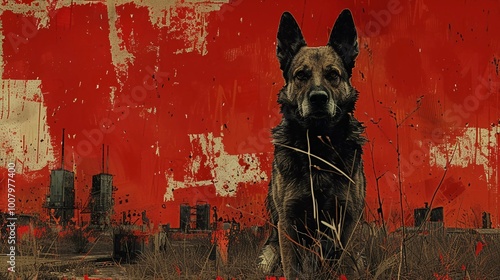 a mural of a dog depicted on the wall with a vintage rustic theme photo