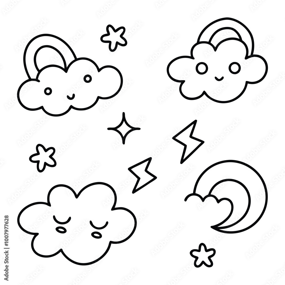 Black and white set of nature objects Vector cartoon collection of weather icons Black and white set of nature objects Vector cartoon collection of weather icons