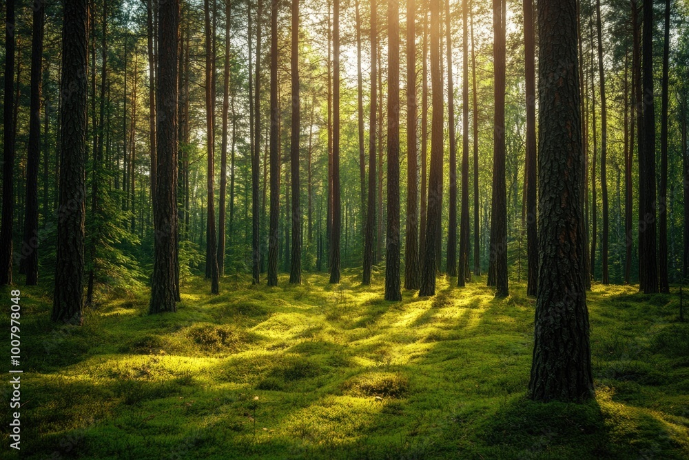 Sunbeams Illuminating a Mossy Forest Floor Sunbeams Illuminating a Mossy Forest Floor