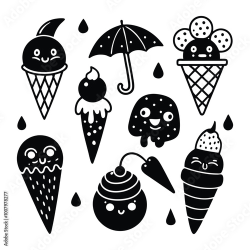 Cute hand drawn kawaii cartoon characters ice cream with smiling faces fun happy doodles for kids