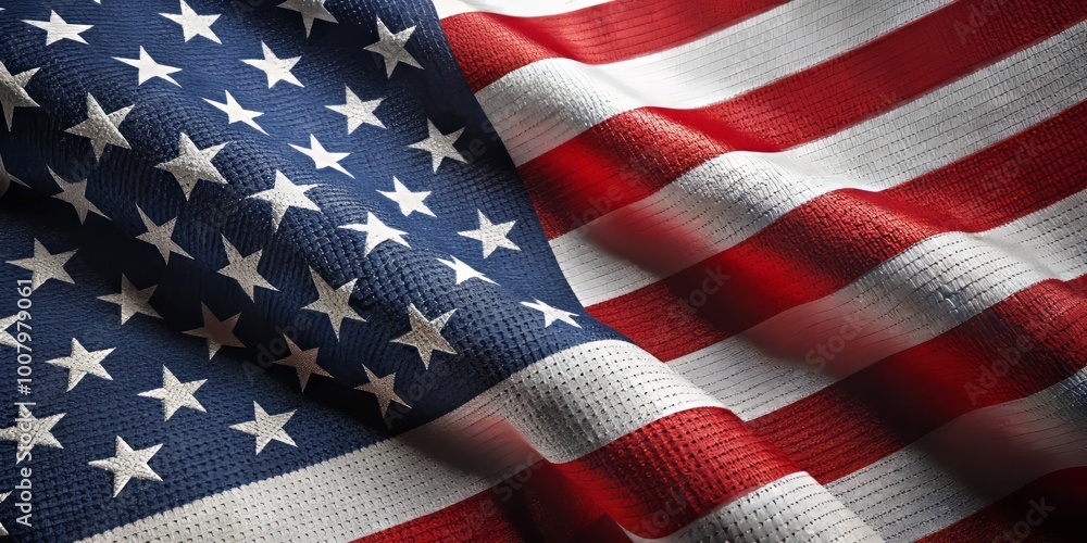 A detailed look at American flag fabric featuring distinct stars and stripes, beautifully displayed against a clean, A detailed look at American flag fabric featuring distinct stars and stripes, beautifully displayed against a clean,