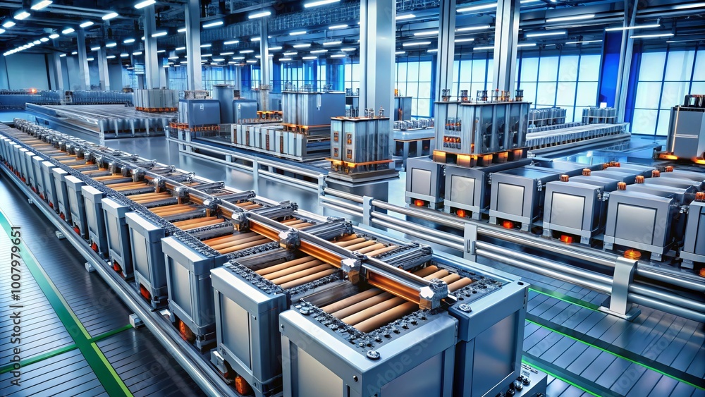 Advanced Production Line for Lithium Battery Cells in Automotive and E-bike Industries 3D Render Advanced Production Line for Lithium Battery Cells in Automotive and E-bike Industries 3D Render