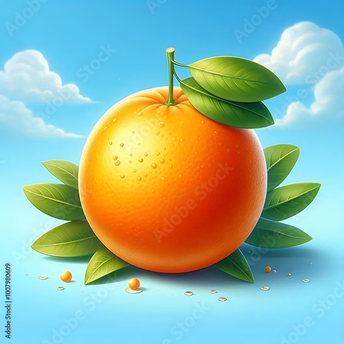 Juicy Orange Fruit with Green Leaves on Blue Sky Background, Fresh Summer Citrus