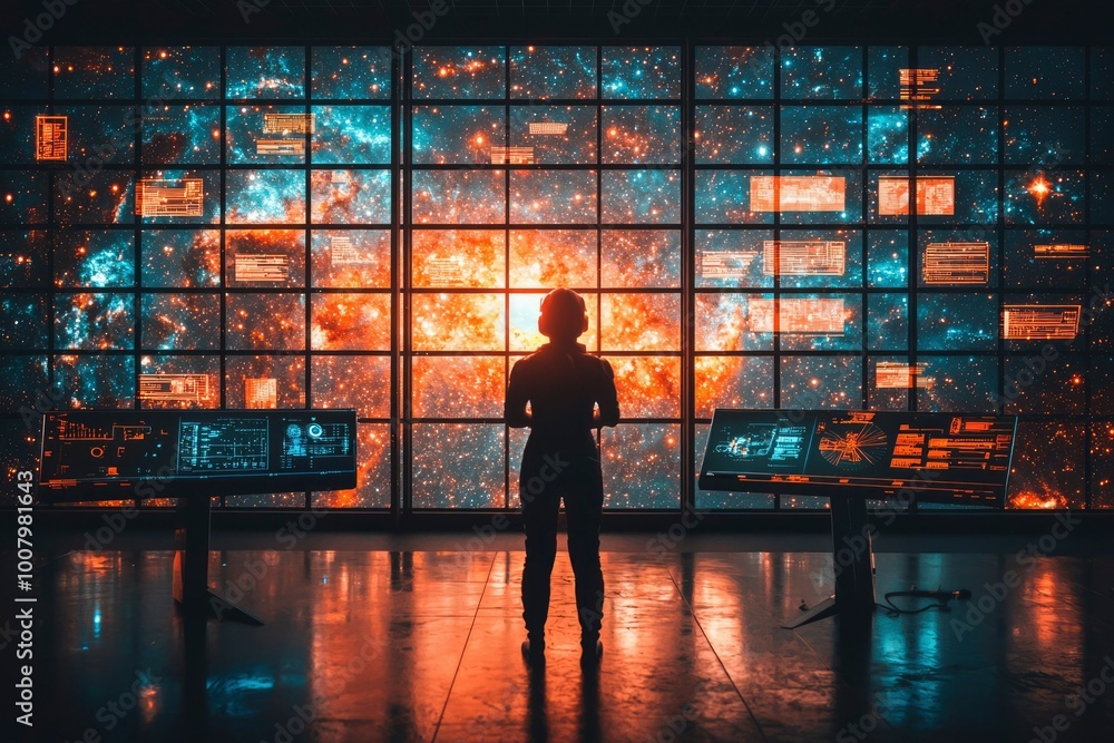A lone astronaut looking out a window at a sprawling galaxy A lone astronaut looking out a window at a sprawling galaxy