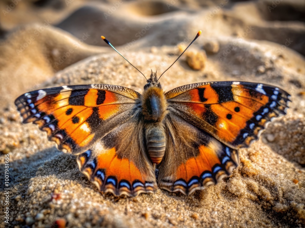 A Small Tortoiseshell Butterfly with tattered wings rests on sandy ground in Gdansk, Poland, blending beautifully into A Small Tortoiseshell Butterfly with tattered wings rests on sandy ground in Gdansk, Poland, blending beautifully into