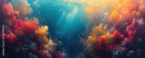 Close-up shot of vibrant coral reefs blending with impressionist brush strokes, surreal underwater beauty, ethereal light filtering in, captivating colors and textures