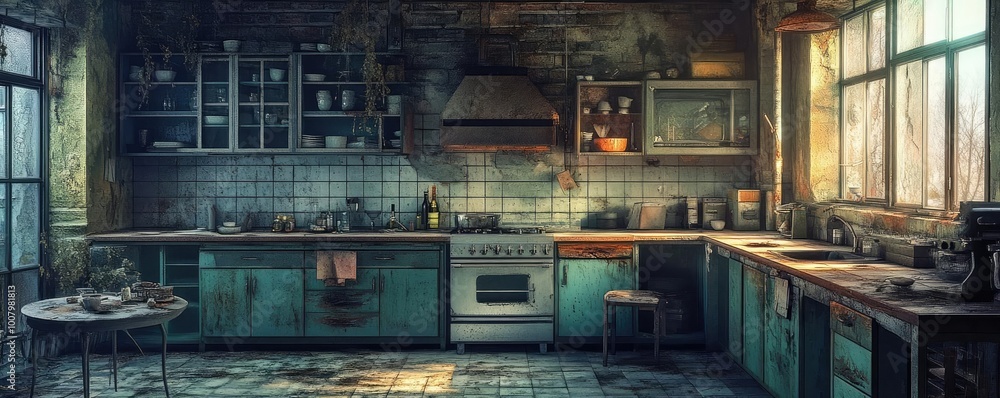 Cooking under a dim glow in a post-apocalyptic kitchen, abandoned cityscape as backdrop, surreal culinary masterpieces Cooking under a dim glow in a post-apocalyptic kitchen, abandoned cityscape as backdrop, surreal culinary masterpieces