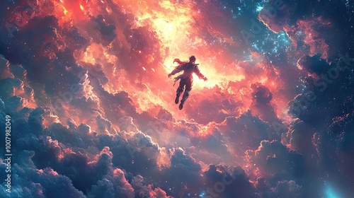 Dynamic low-angle perspective of a heroic figure leaping through clouds, digital art style bursting with energy photo