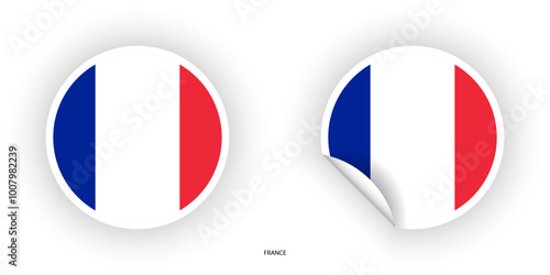 France sticker flag in circle shape and circle peeled shape on white background. French flag icon in circular form.	