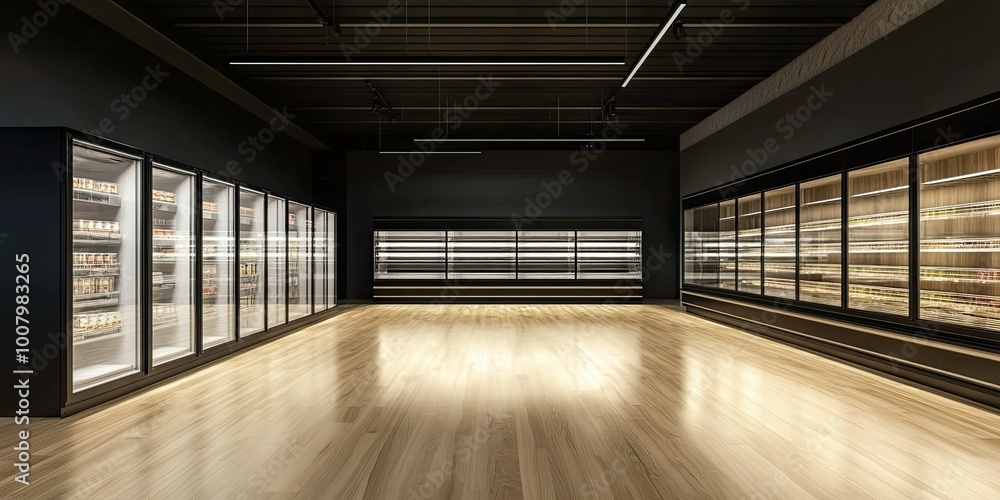 modern empty big refrigerator showcase in a black and cream supermarket with elegant wooden floor modern empty big refrigerator showcase in a black and cream supermarket with elegant wooden floor