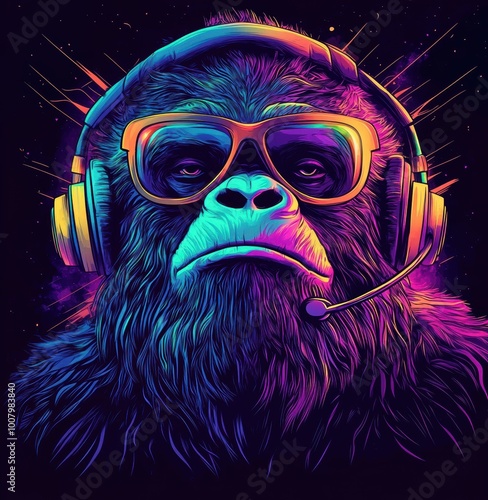 A vibrant, neon-colored gorilla wearing large headphones and sunglasses, set against a dark, cosmic background ideal for use in music, podcasts, gaming, and modern pop culture themes, photo