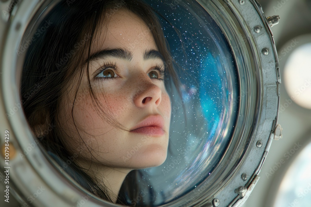 Woman Gazing at a Starry Sky Through a Spacecraft Window Woman Gazing at a Starry Sky Through a Spacecraft Window