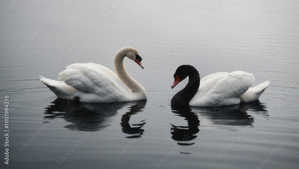 Composite image of two swans interacting on calm water with reflections Composite image of two swans interacting on calm water with reflections