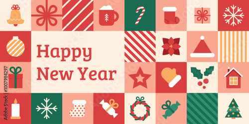 Christmas banner with traditional symbols in tiles. New Year background with geometric ornament. Mosaic pattern. Modern vector illustration. Abstract xmas elements. Greeting cover.