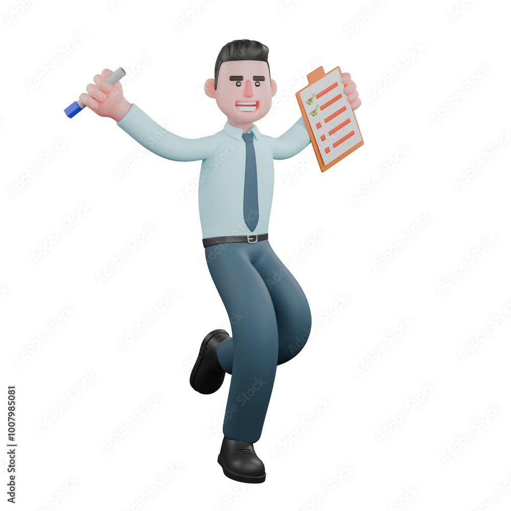 Male Financial Artist 3D Model. A male financial analyst is jumping with his left hand raised carrying a clipboard while his right hand is raised carrying a blue pen. Analyst Cartoon Male Financial Artist 3D Model. A male financial analyst is jumping with his left hand raised carrying a clipboard while his right hand is raised carrying a blue pen. Analyst Cartoon