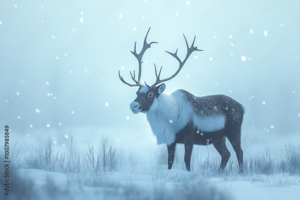 A Reindeer Standing in a Snowy Field with Falling Snow A Reindeer Standing in a Snowy Field with Falling Snow