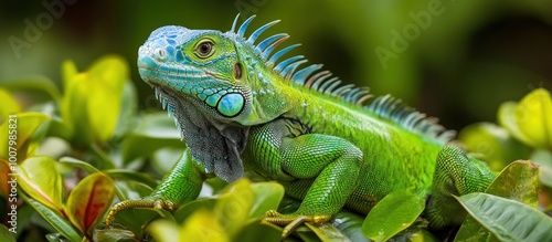 Close-up of a green iguana with blue and yellow accents, perched on lush green leaves.