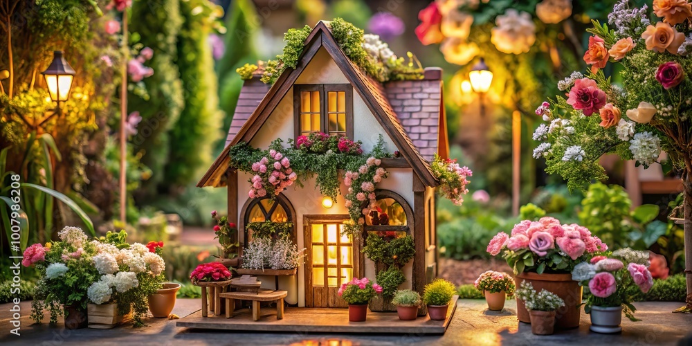 Fototapeta premium Charming Miniature House with Beautiful Floral Decor in a Cozy Indoor Setting for Home Decor Lovers
