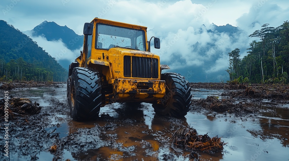 A yellow tractor drives through muddy terrain in a rainforest A yellow tractor drives through muddy terrain in a rainforest