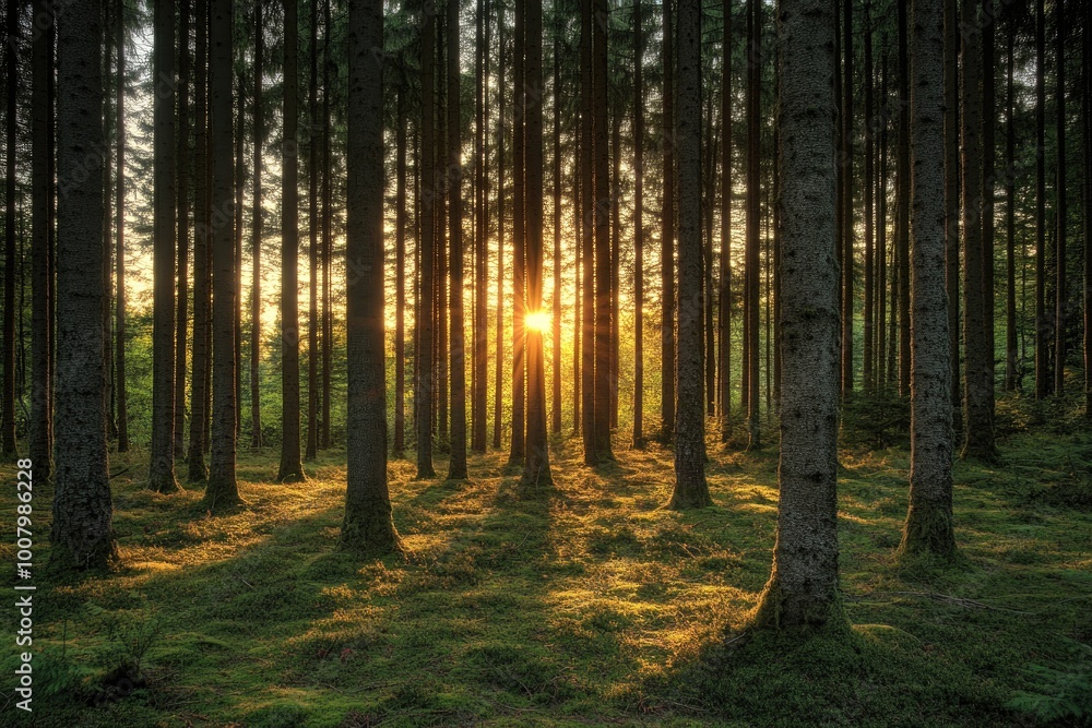 Sunset Sunlight Through Tall Pine Trees in a Dense Forest Sunset Sunlight Through Tall Pine Trees in a Dense Forest