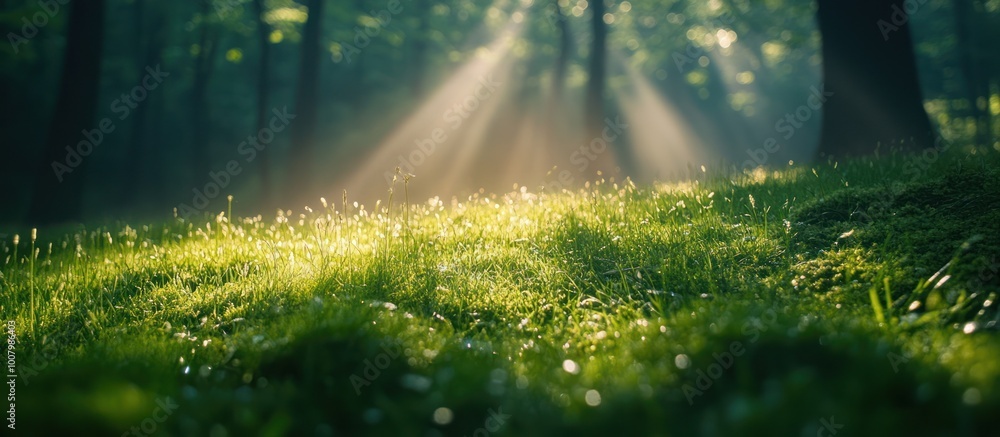 Obraz premium Sun rays shining through the trees, illuminating a field of green grass.