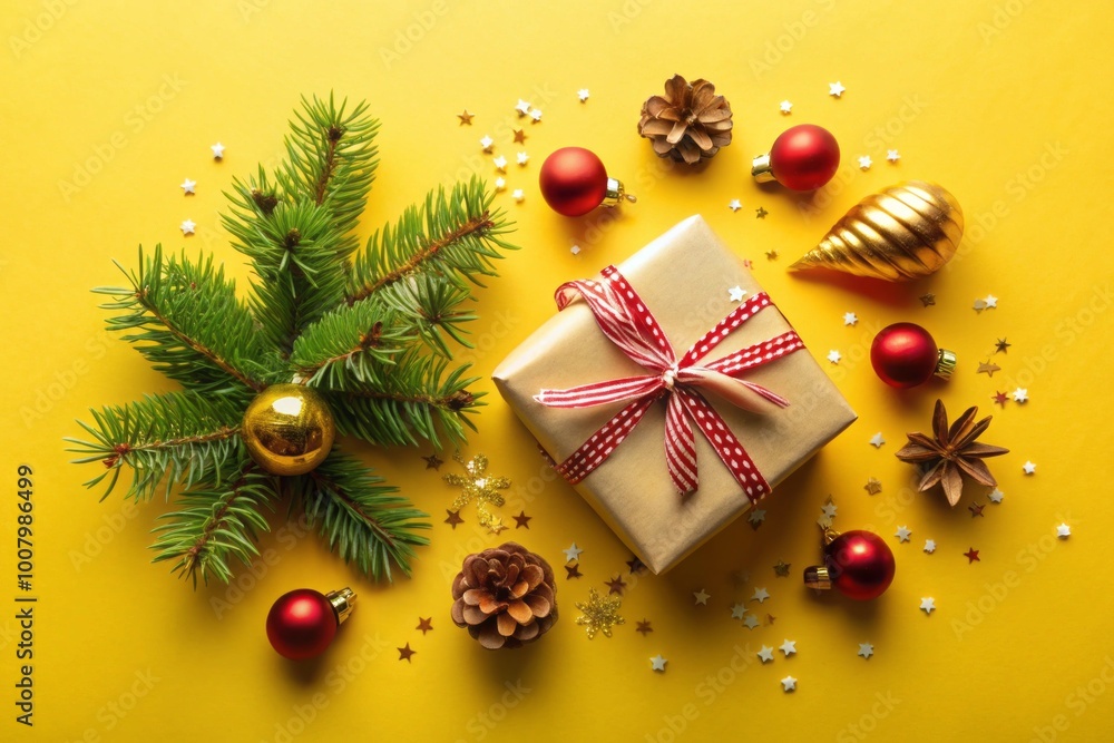 Cheerful Christmas Card Design Featuring Gift Box and Festive Decorations on Bright Yellow Background Cheerful Christmas Card Design Featuring Gift Box and Festive Decorations on Bright Yellow Background