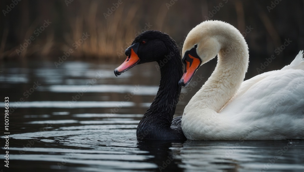 Fototapeta premium Two birds floating on calm water in serene, natural wetland environment