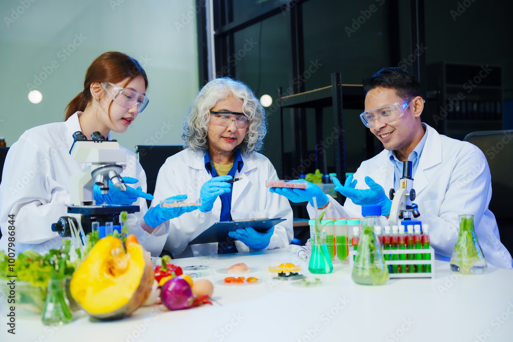 A reliable middle-aged Asian male researcher collaborates with experienced gray-haired elderly Asian female nutritionist in laboratory, food ingredients, extracts, their impact on nutrition health. A reliable middle-aged Asian male researcher collaborates with experienced gray-haired elderly Asian female nutritionist in laboratory, food ingredients, extracts, their impact on nutrition health.