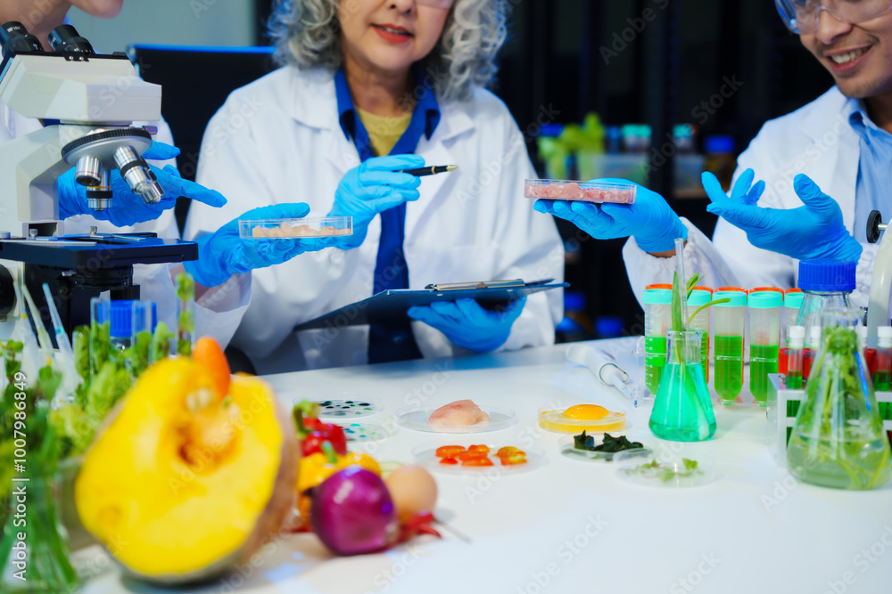 A reliable middle-aged Asian male researcher collaborates with experienced gray-haired elderly Asian female nutritionist in laboratory, food ingredients, extracts, their impact on nutrition health. A reliable middle-aged Asian male researcher collaborates with experienced gray-haired elderly Asian female nutritionist in laboratory, food ingredients, extracts, their impact on nutrition health.