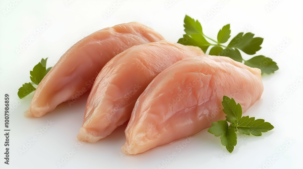 fresh raw chicken breast fillets with parsley garnish, uncooked chicken fillets on a white background, organic poultry with clear skin details, raw boneless chicken breast ready for cooking, healthy r fresh raw chicken breast fillets with parsley garnish, uncooked chicken fillets on a white background, organic poultry with clear skin details, raw boneless chicken breast ready for cooking, healthy r
