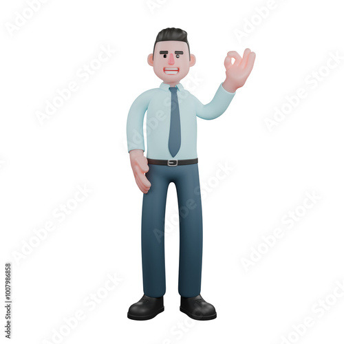 3D Model of Male Financial Analyst. A male financial analyst is standing with his left hand raised while giving an "ok" symbol and his left hand is on his waist. Professional Forecaster