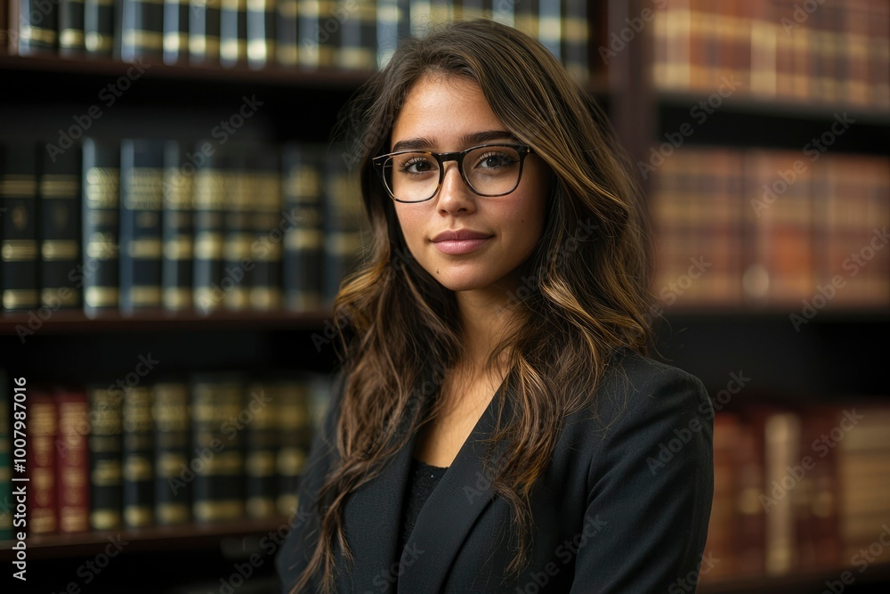 Young Woman in Glasses Standing in Front of a Bookshelf Young Woman in Glasses Standing in Front of a Bookshelf