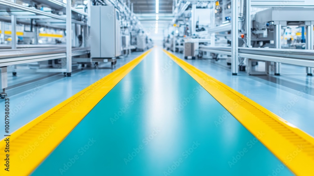 Obraz premium A brightly colored factory floor with a yellow guiding line, surrounded by machinery, exemplifying a modern industrial environment.