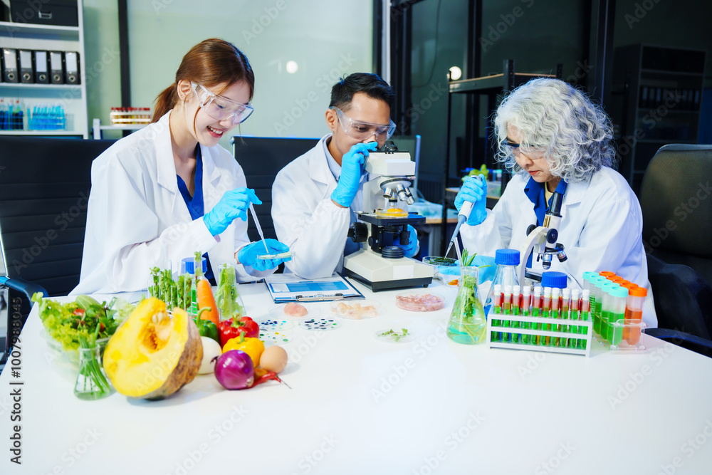 Reliable middle-aged Asian male researcher collaborates with experienced gray-haired elderly Asian female nutritionist in laboratory, focusing on food ingredients, extracts, nutrition and health. Reliable middle-aged Asian male researcher collaborates with experienced gray-haired elderly Asian female nutritionist in laboratory, focusing on food ingredients, extracts, nutrition and health.