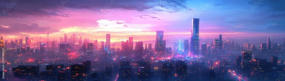Obraz premium Panoramic view of a surreal urban landscape, towering buildings melting into the skyline, vibrant colors under a twilight sky