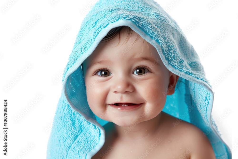 A joyful baby smiling with a light blue towel draped over their head, exuding innocence and playfulness.