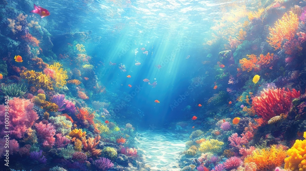 Fototapeta premium Panoramic view of colorful coral kingdoms, exploring underwater realms, vibrant marine life, shimmering treasures in sunlight