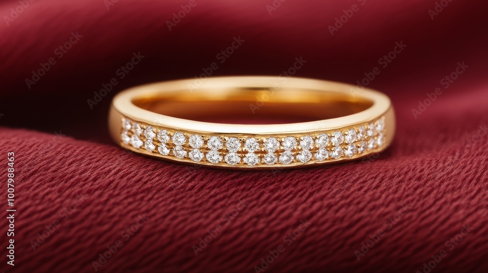 A gold ring adorned with sparkling diamonds, resting on luxurious crimson fabric. A gold ring adorned with sparkling diamonds, resting on luxurious crimson fabric.