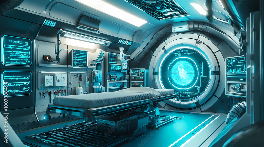 Sci fi futuristic interior of a medical bay with treatment bed and various healthcare equipment and medicines . 3d rendering. Spaceship Interior. Illustration Sci fi futuristic interior of a medical bay with treatment bed and various healthcare equipment and medicines . 3d rendering. Spaceship Interior. Illustration