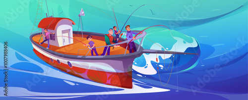 Family fishing on commercial boat in ocean cartoon. Fisherman, children and father in learning process with rod equipment. Seascape with ship for banner graphic backdrop. Nautical adventure concept