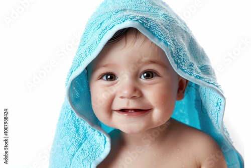 Obraz na płótnie A joyful baby smiling with a light blue towel draped over their head, exuding innocence and playfulness. w salonie