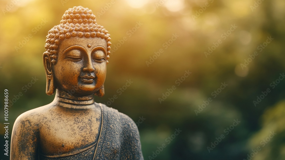 A serene Buddha statue surrounded by soft sunlight, representing peace, harmony, and spirituality in a natural setting. A serene Buddha statue surrounded by soft sunlight, representing peace, harmony, and spirituality in a natural setting.