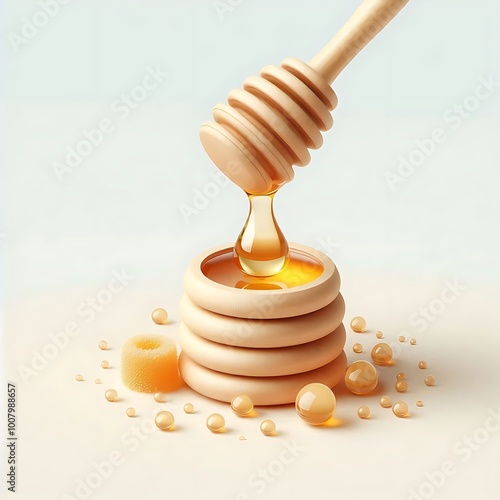 Dripping Honey with Wooden Dipper and Honeycomb