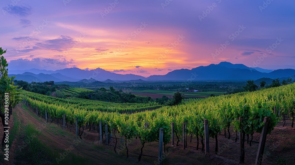 Naklejka premium A beautiful sunset view at the vineyards in Wang Nam Khiao, with grapevines glowing in the evening light.